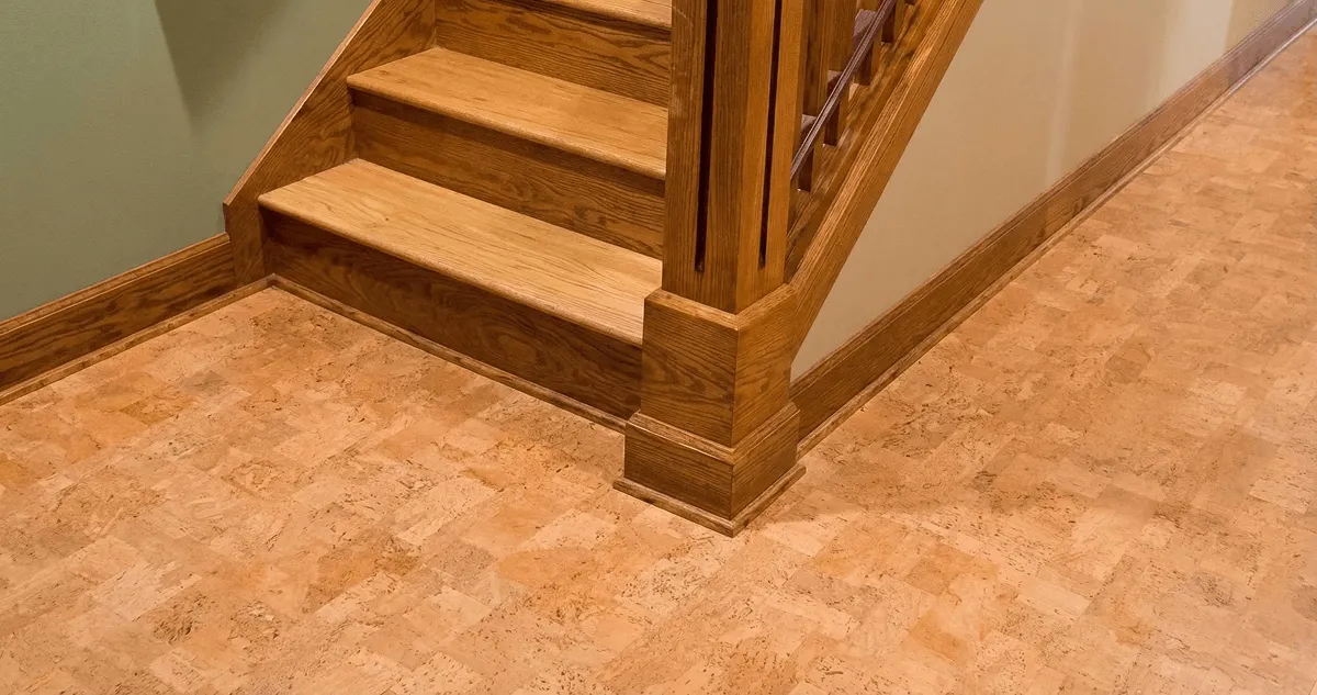 End of a staircase with cork flooring in Los Angeles, CA