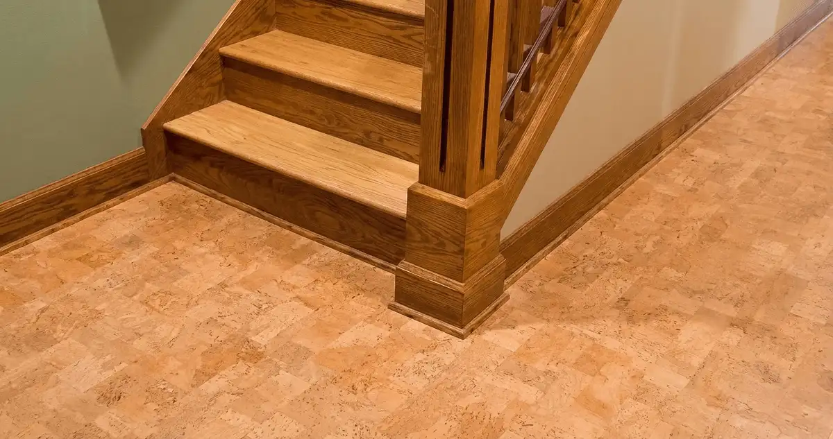 End of a staircase with cork flooring in Los Angeles, CA