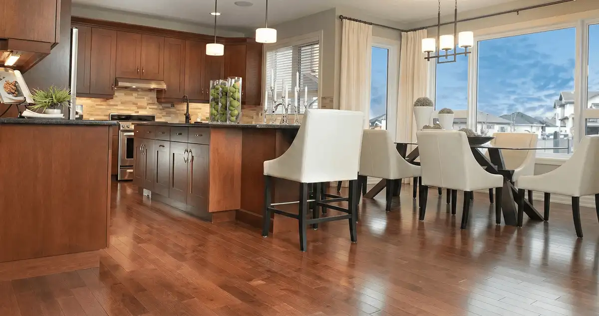 A modern kitchen with professionally installed wood flooring in Los Angeles, CA