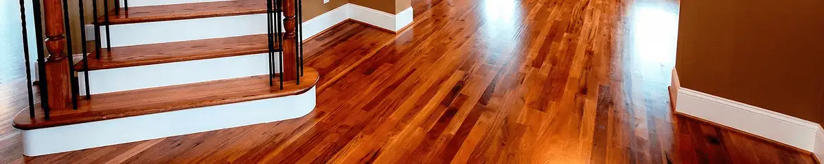 Base floor of a staircase with professionally restored wood flooring in Los Angeles CA