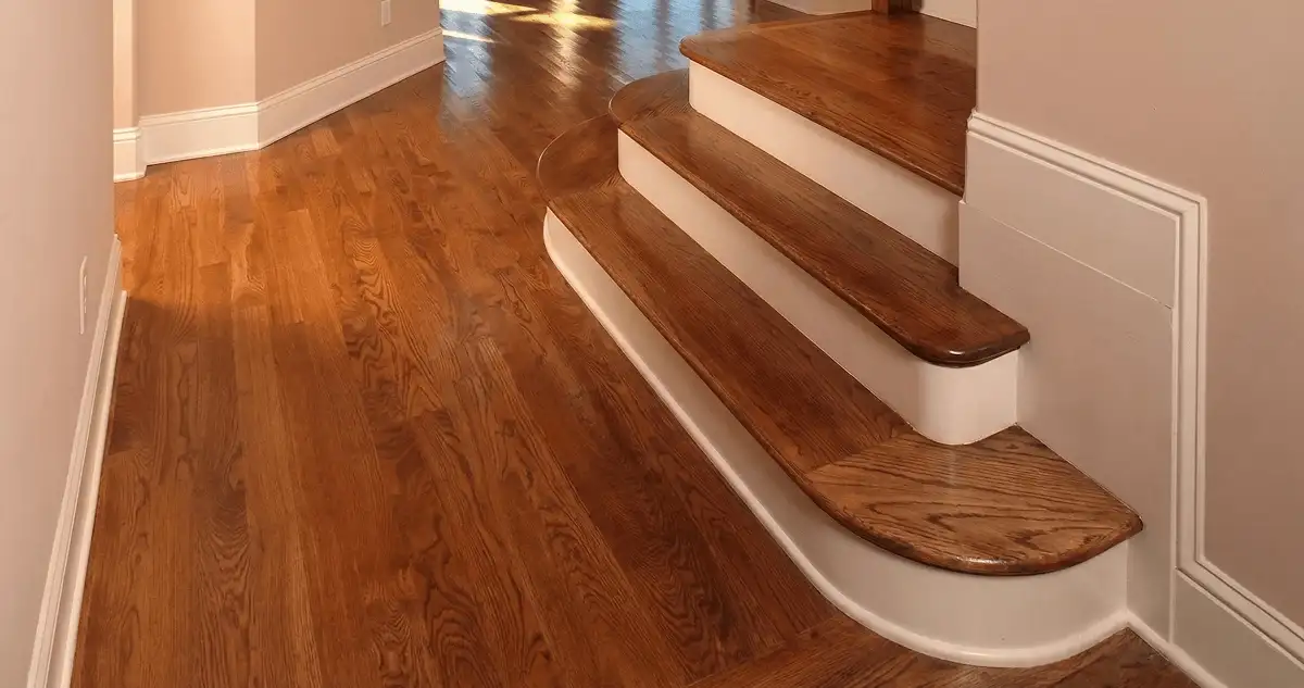 Base floor of a staircase with professionally restored wood flooring in Los Angeles CA