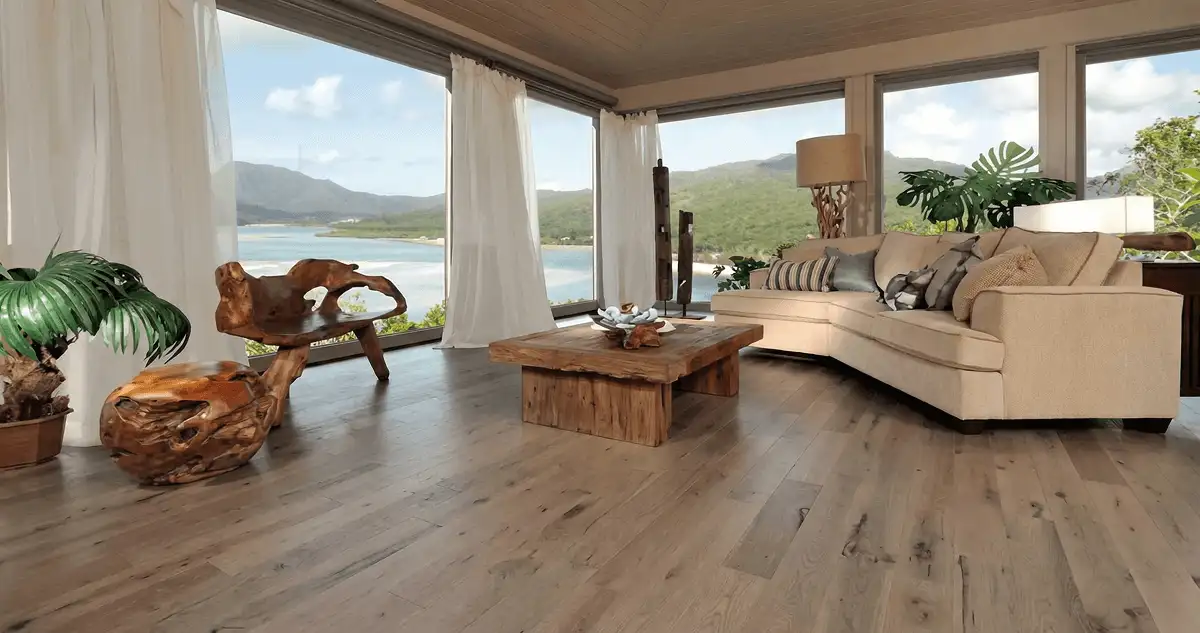 Professionally installed vinyl flooring in a modern living room with large windows in Los Angeles, CA